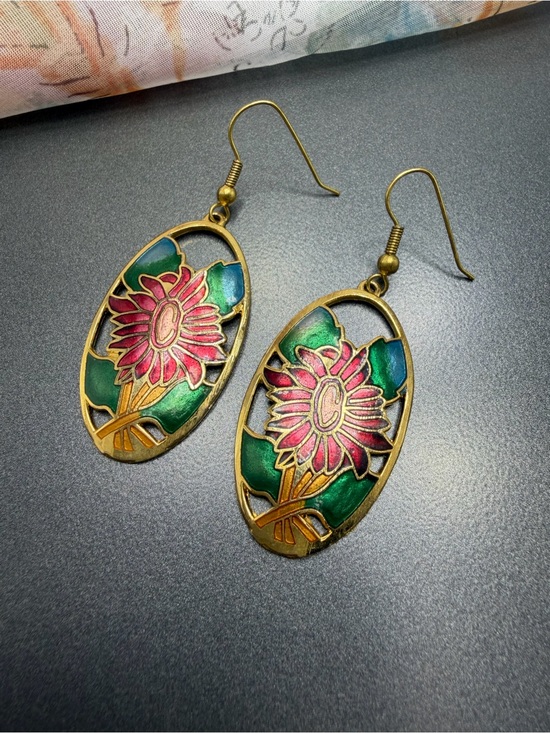 Cloisonne Jewelry - ⬇️⬇️ Vintage Cloisonne Floral Drop Earrings - Pink & Green Enamel #338CE